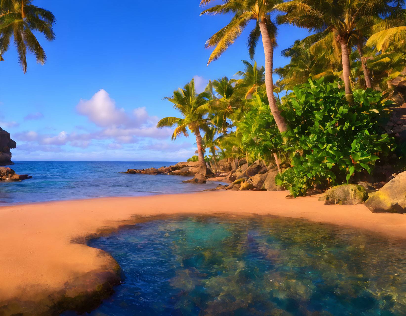 Tropical Beach Scene with Palm Trees and Clear Blue Water