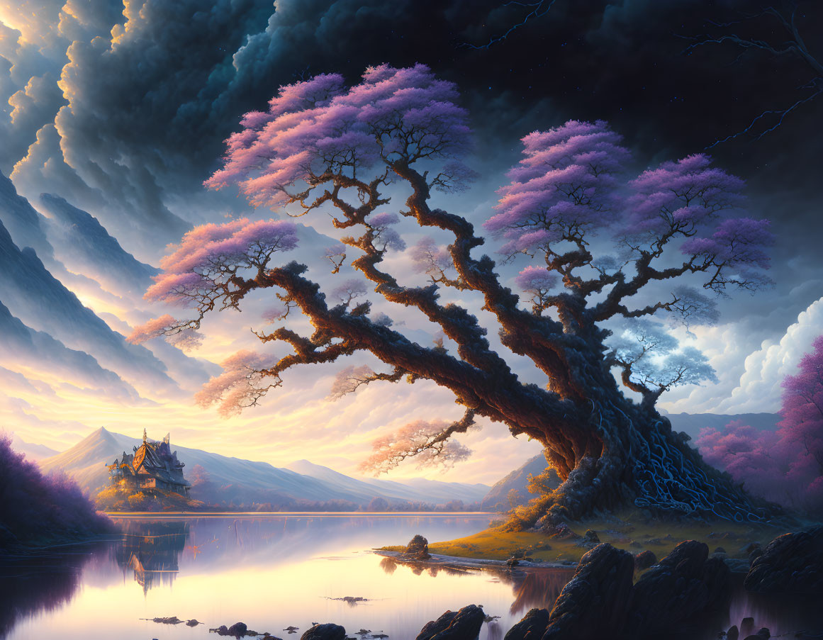 Purple-leaved tree in serene landscape with mountains, lake, castle, twilight sky