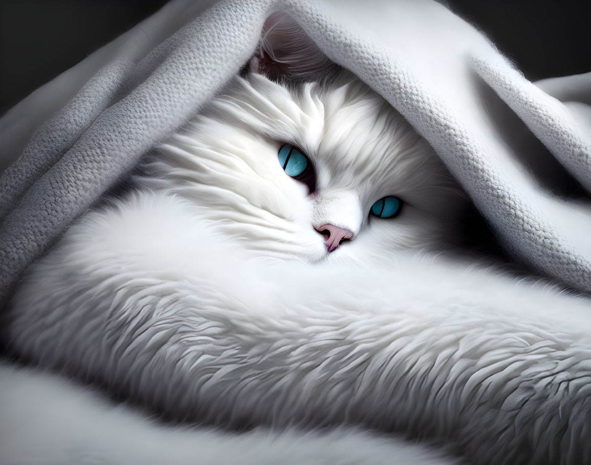 Fluffy white cat with blue eyes under gray blanket: cozy and serene vibe.