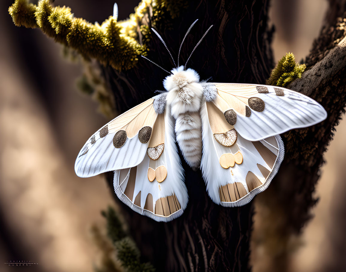 White and Brown Moth with Patterned Wings Resting on Tree Bark