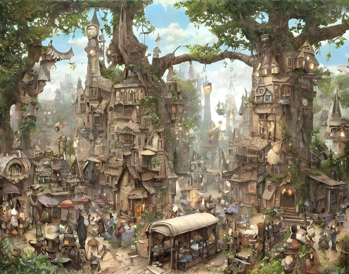 Whimsical fantasy woodland village with treehouses, characters, lanterns, market stalls, greenery