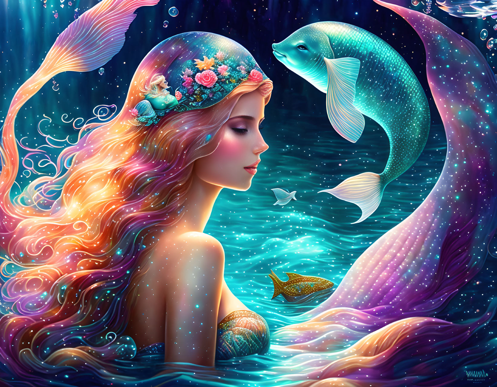 Mermaid with Flower Adorned Hair in Underwater Scene