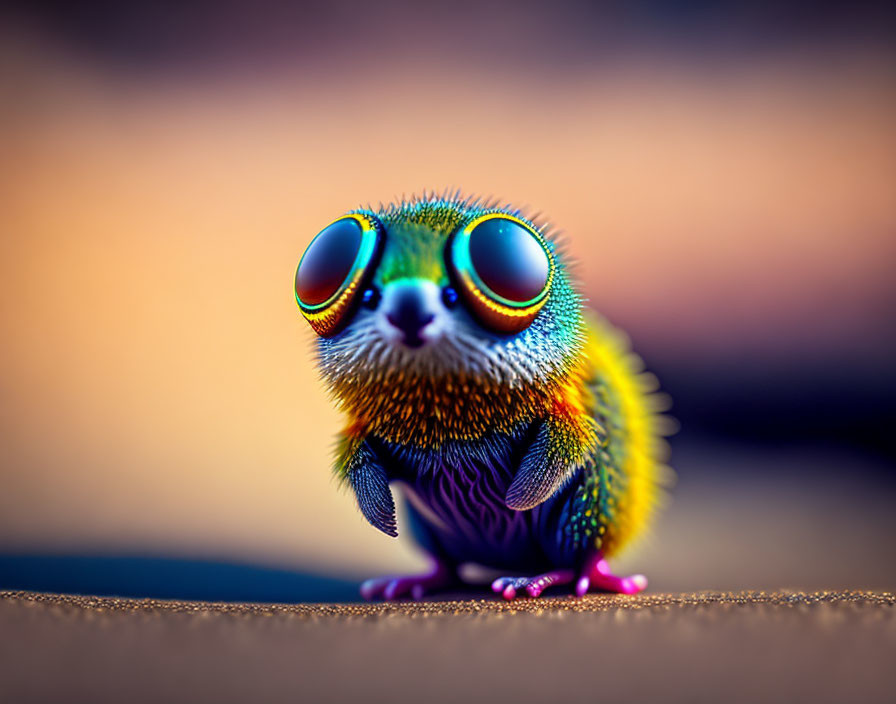 Colorful Creature with Glossy Eyes on Blurry Surface in Blue, Green, and Yellow