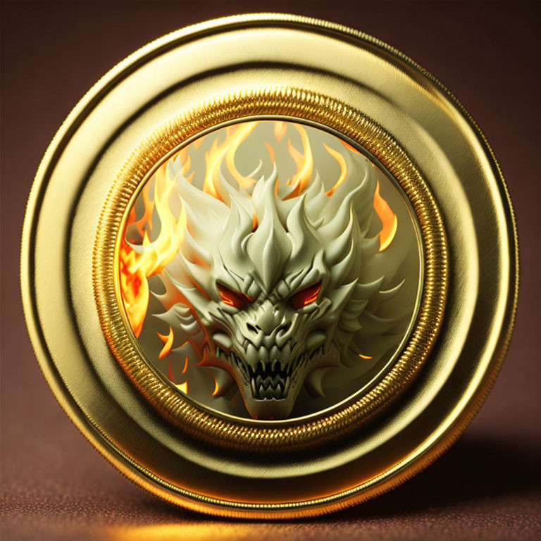 Golden coin with flaming skull and red eyes design