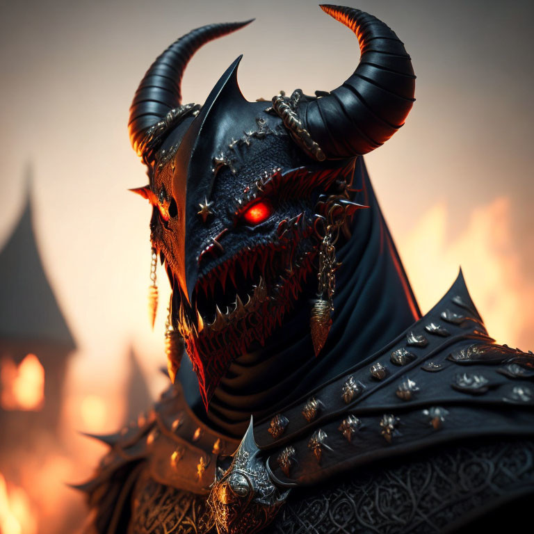 Sinister demon with glowing red eyes and sharp teeth in dark armor against fiery backdrop