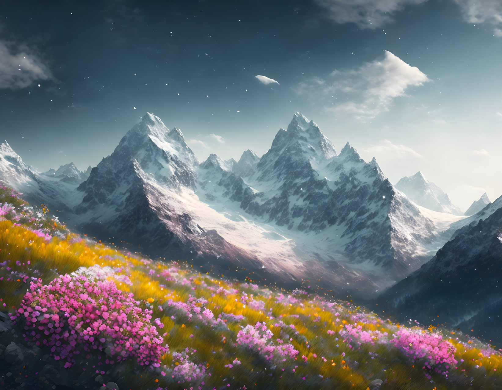 Snow-capped mountains under starry sky with colorful flower field