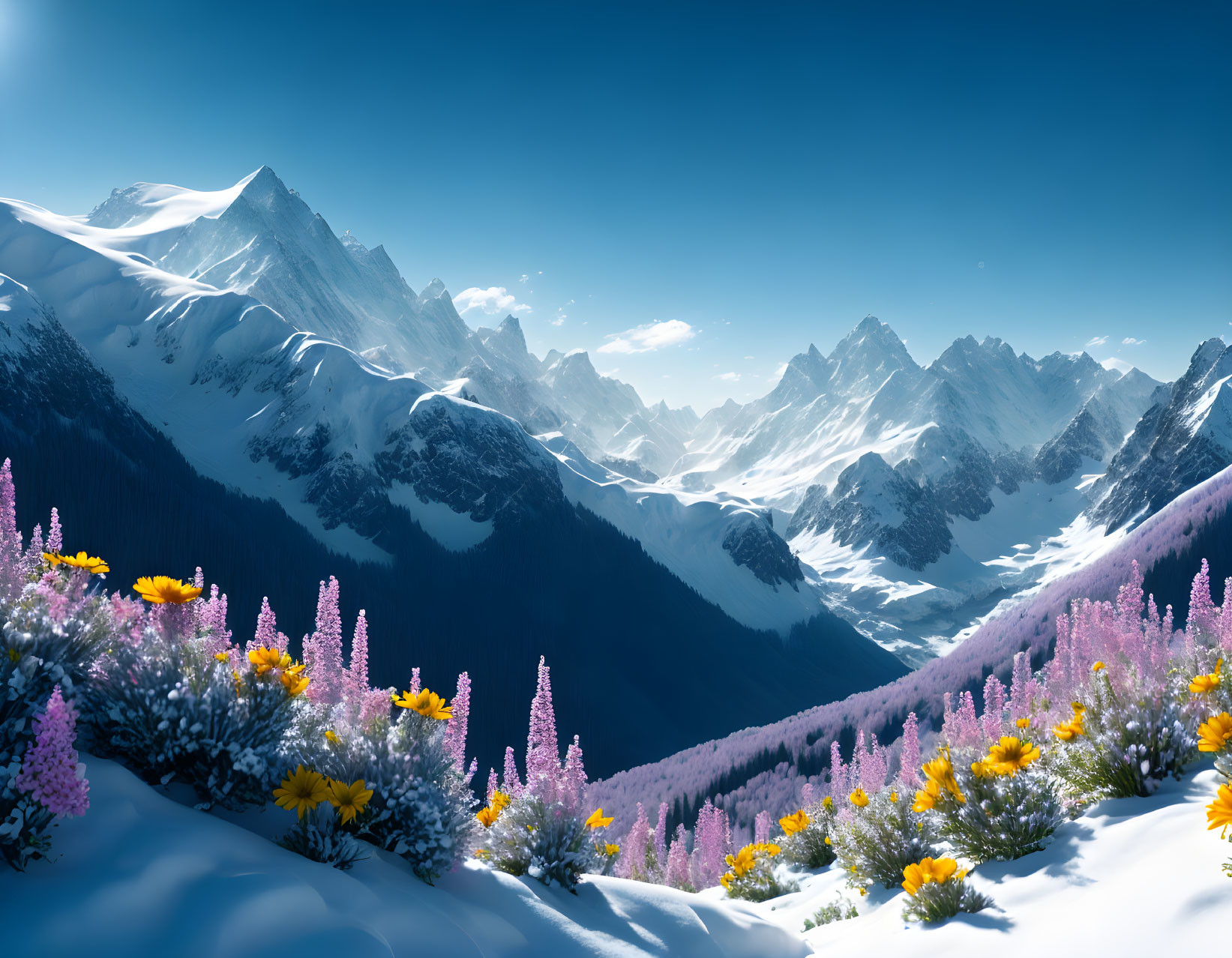 Snow-covered mountains and wildflowers in serene winter landscape