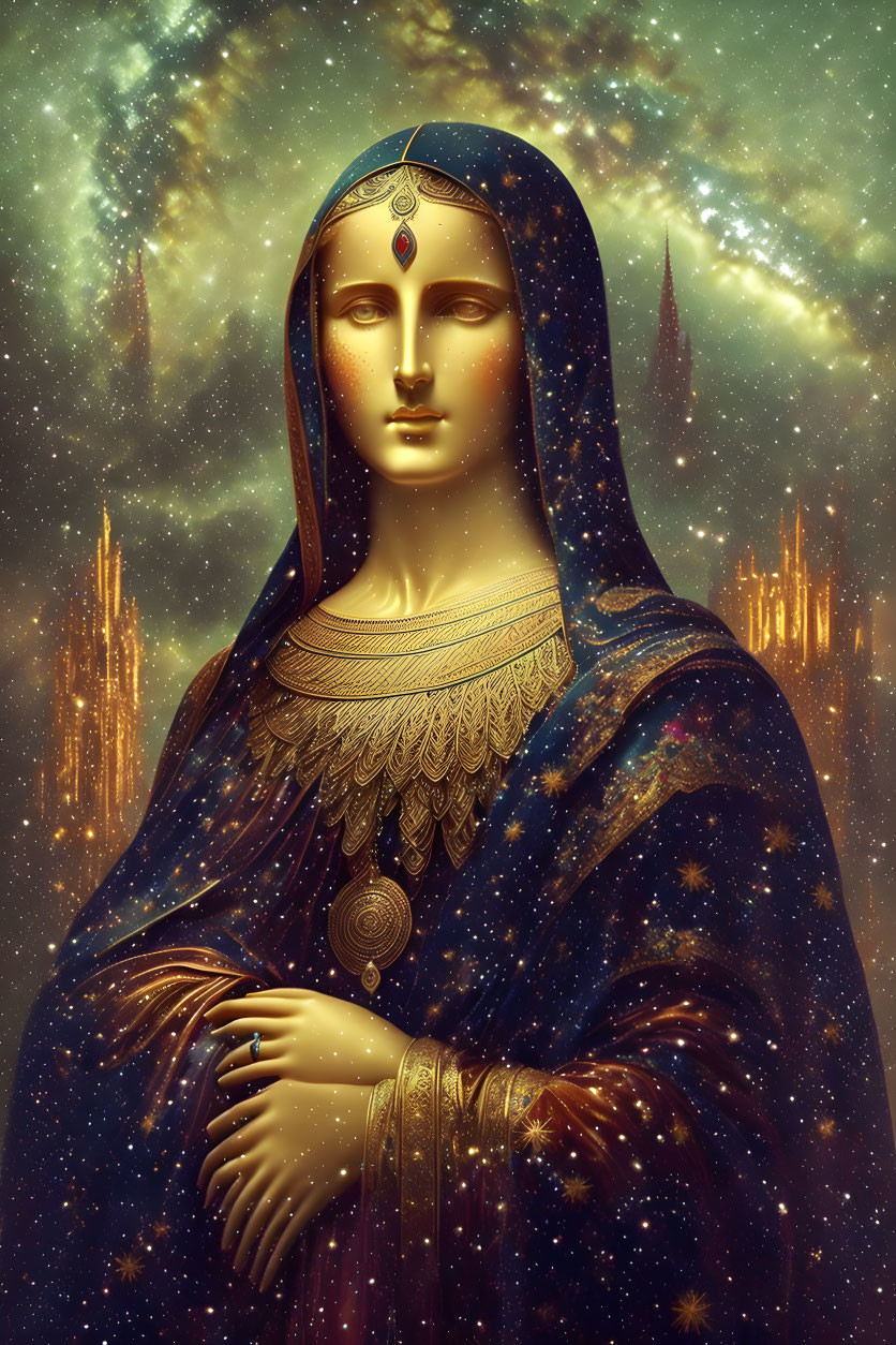 Stylized portrait of woman in blue cloak with gold jewelry in cosmic setting