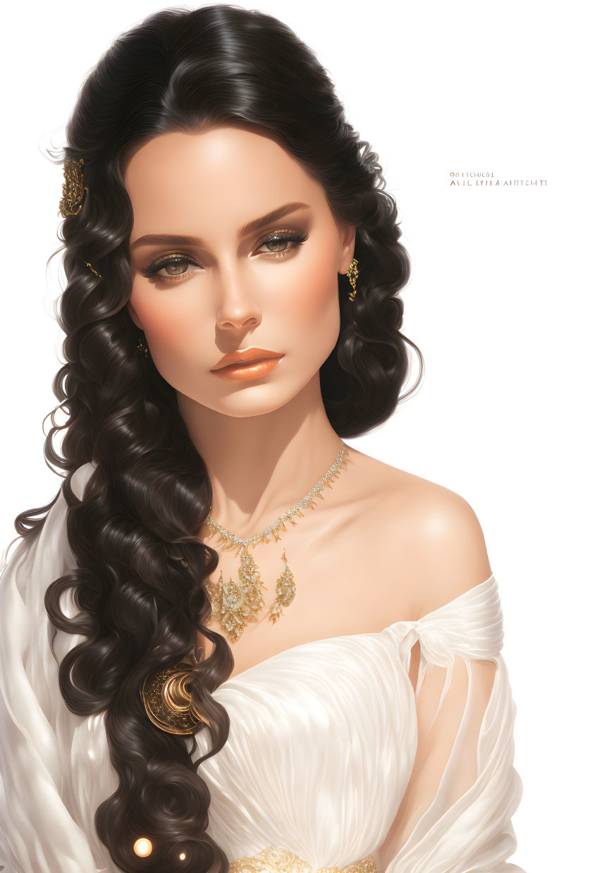 Portrait of woman with long curly black hair, green eyes, gold jewelry, white dress