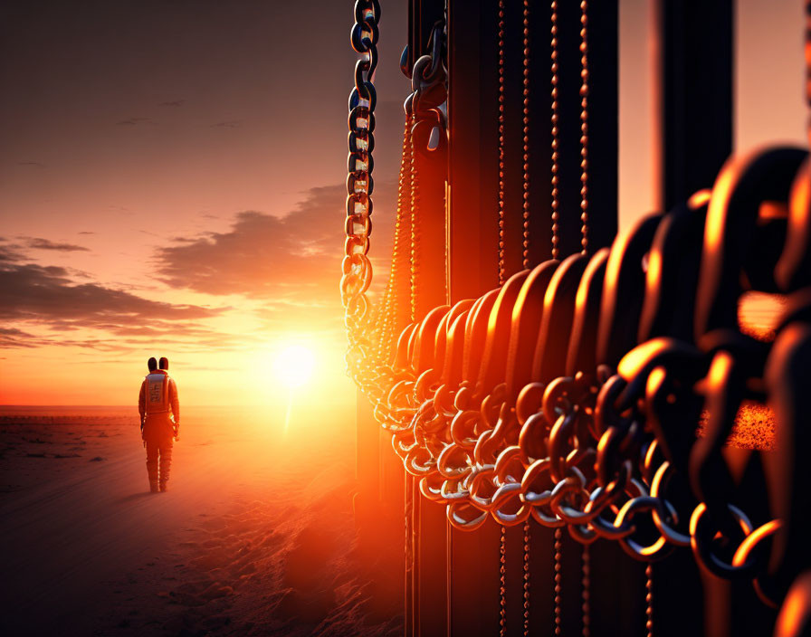 Beach sunset scene with close-up metal chains