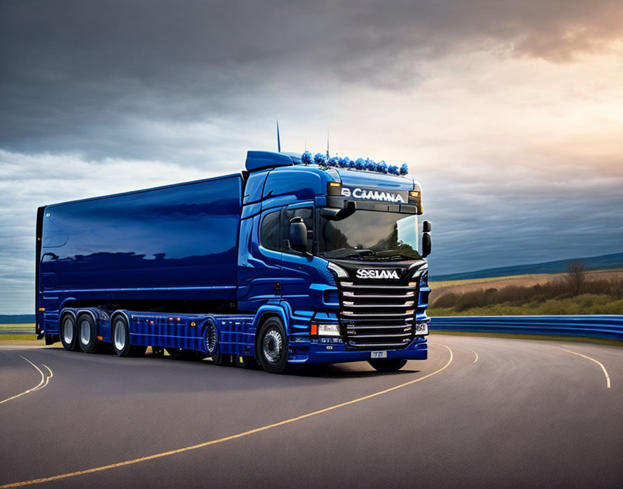 Blue semi-truck with "SCANIA" grille on highway at dusk or dawn