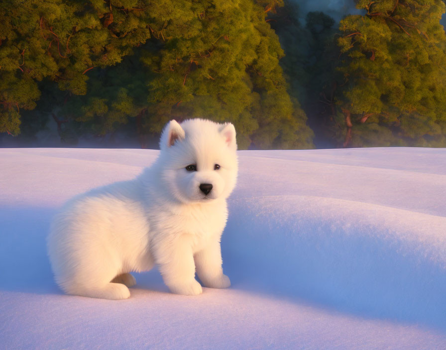 White fluffy puppy in snowy forest scene