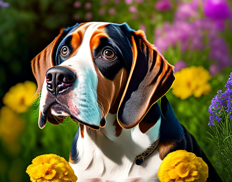 Tricolor Dog with Glossy Coat and Floppy Ears Among Vibrant Flowers