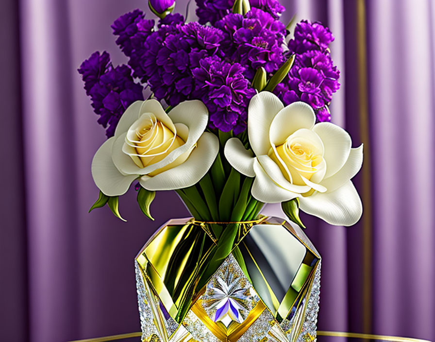 Purple Flowers and Cream Roses in Gold-Trimmed Vase on Purple Curtain