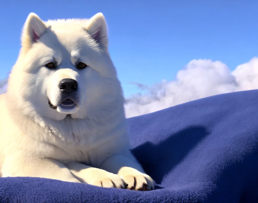 Fluffy White Dog Resting on Blue Surface Under Clear Blue Sky