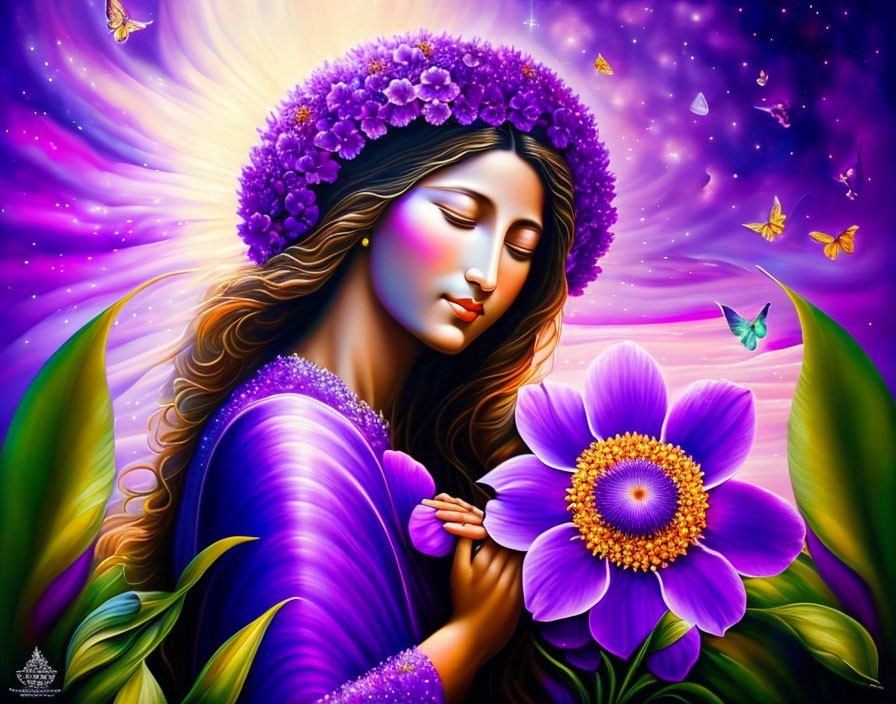 Purple Floral Woman Holding Flower in Cosmic Background