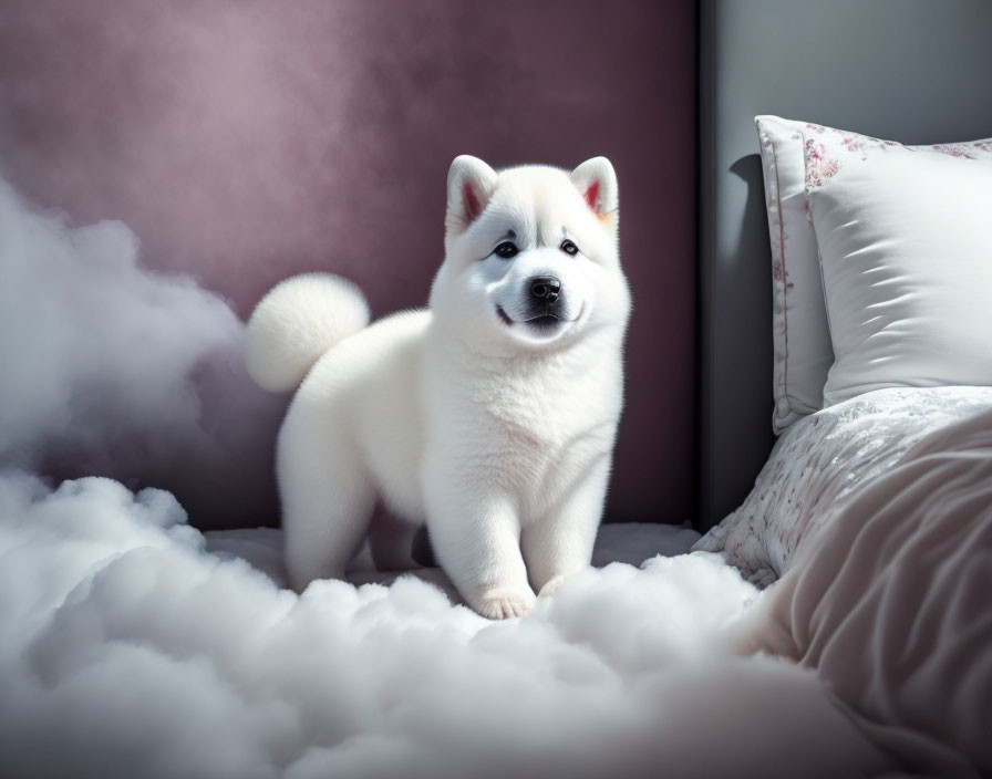 Fluffy White Dog on Cloud-Like Surface Next to Purple Wall