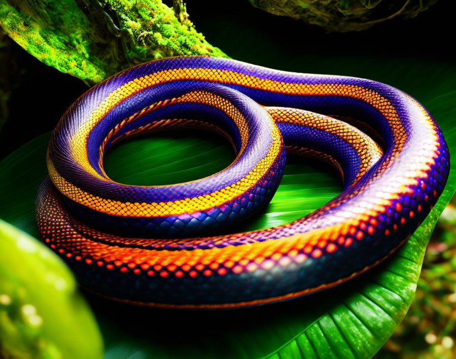 Colorful snake coiled on green leaf with purple, blue, orange, and black scales