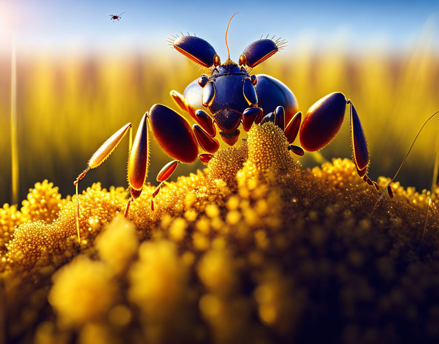 Macro shot of ant on yellow flowers in golden field with flying insect