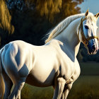 White horse with flowing mane in profile against serene landscape with ornate bridle