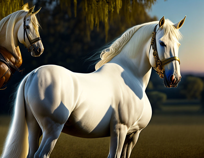 White horse with flowing mane in profile against serene landscape with ornate bridle