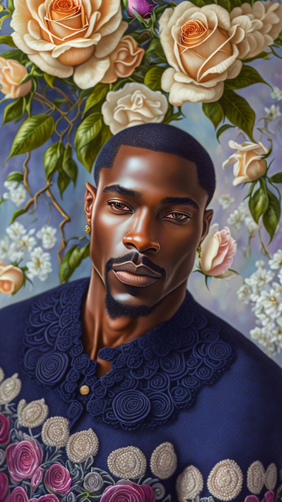 Digital artwork: Dark-skinned man with beard in navy blue shirt among blooming roses and flowers