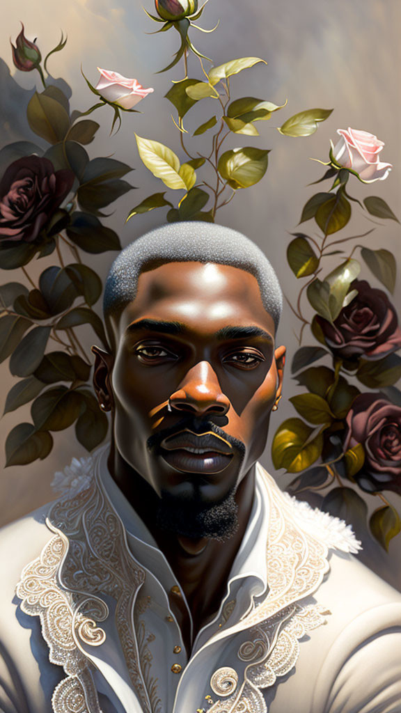 Digital artwork: Man with serious expression, wearing crown of roses