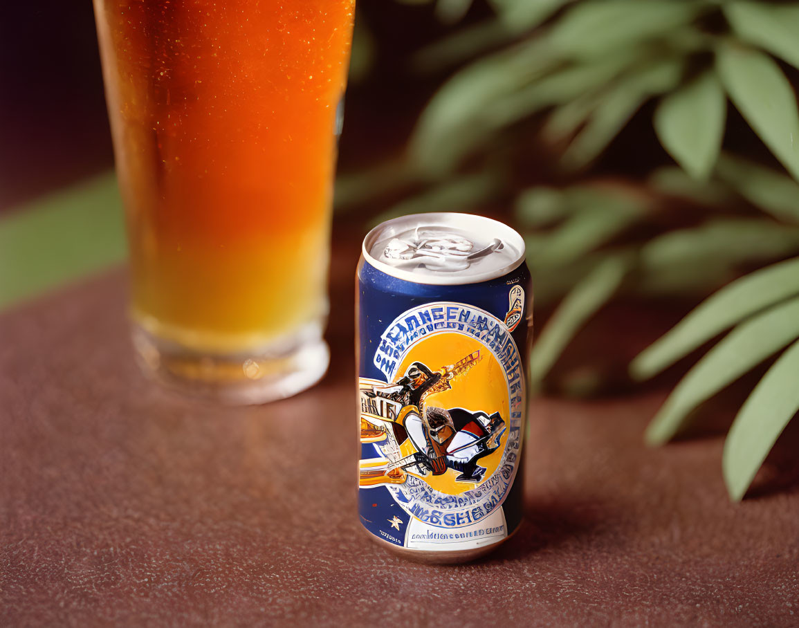 Hockey-themed beer can next to glass on table