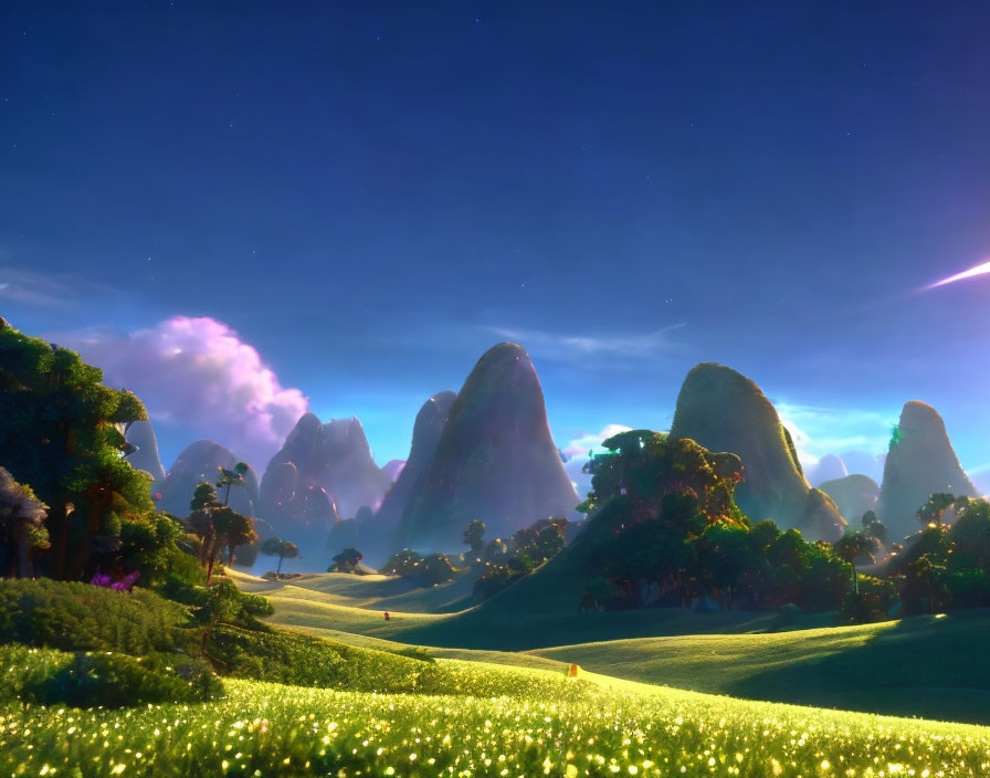 Twilight landscape with green hills, glowing flowers, shooting stars, and misty mountains