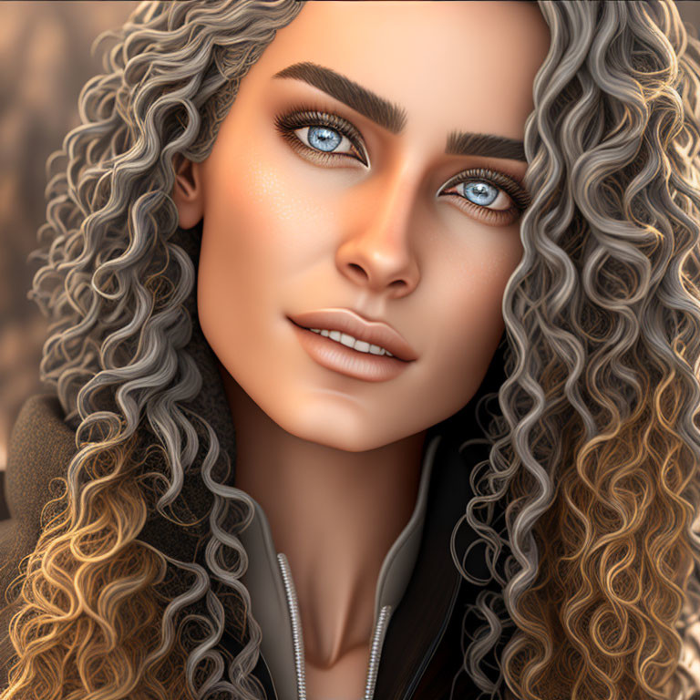 Curly-Haired Woman in Zipper Top with Blue Eyes