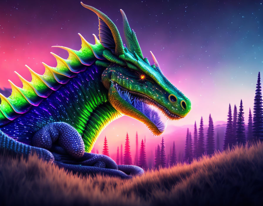 Vibrant digital art: dragon with iridescent scales in twilight scene