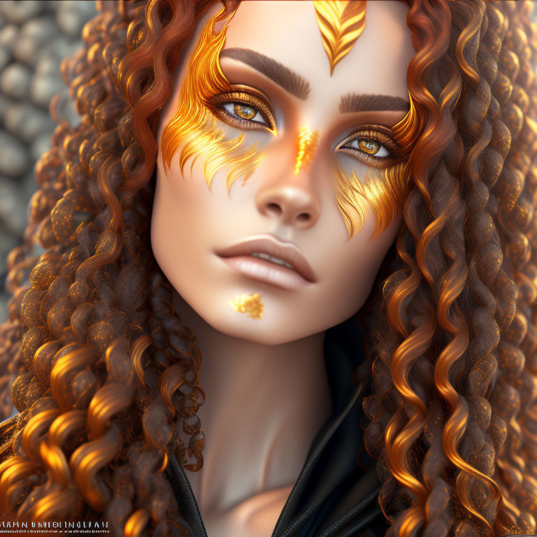 Digital portrait featuring person with curly hair and golden flame-like makeup.