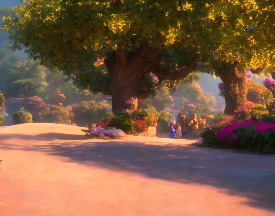 Sunlit garden path with vibrant flowers, large tree, and person in white attire