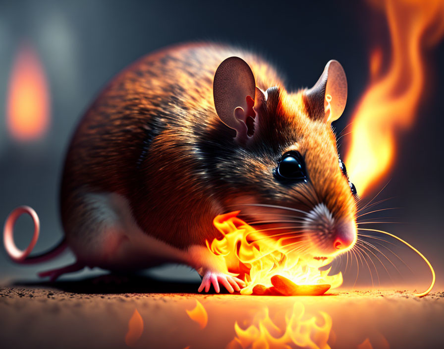 Realistic mouse with fantastical elements touching flame in dramatic scene