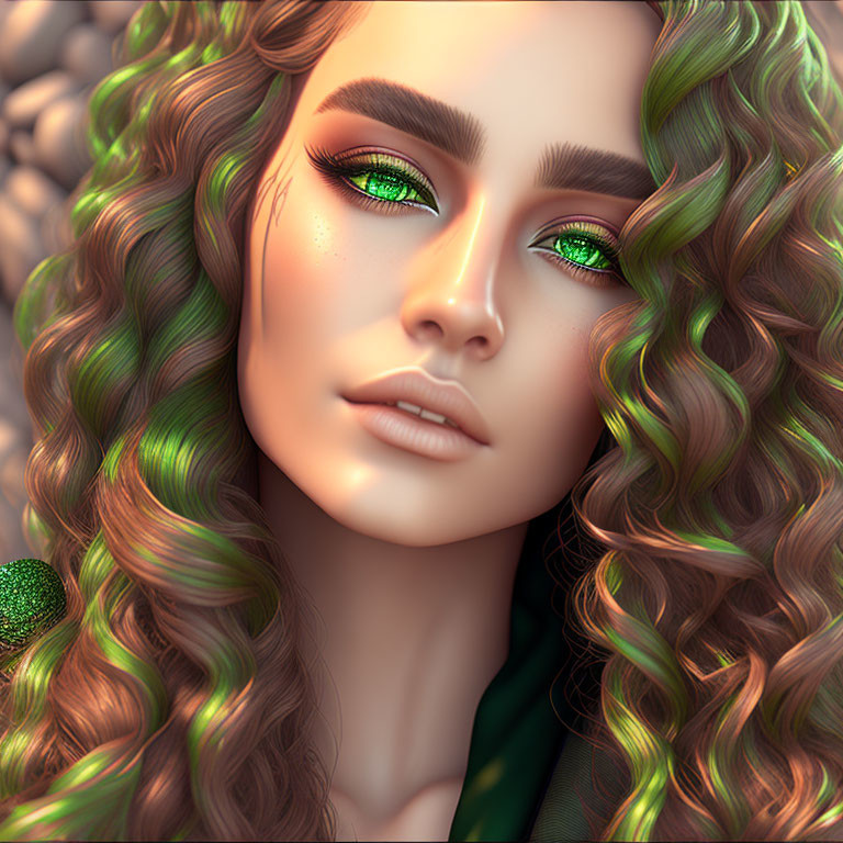 Vibrant digital artwork of a woman with curly hair and green eyes