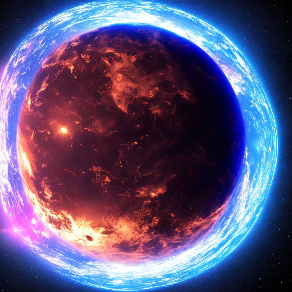 Glowing blue celestial body against fiery space backdrop