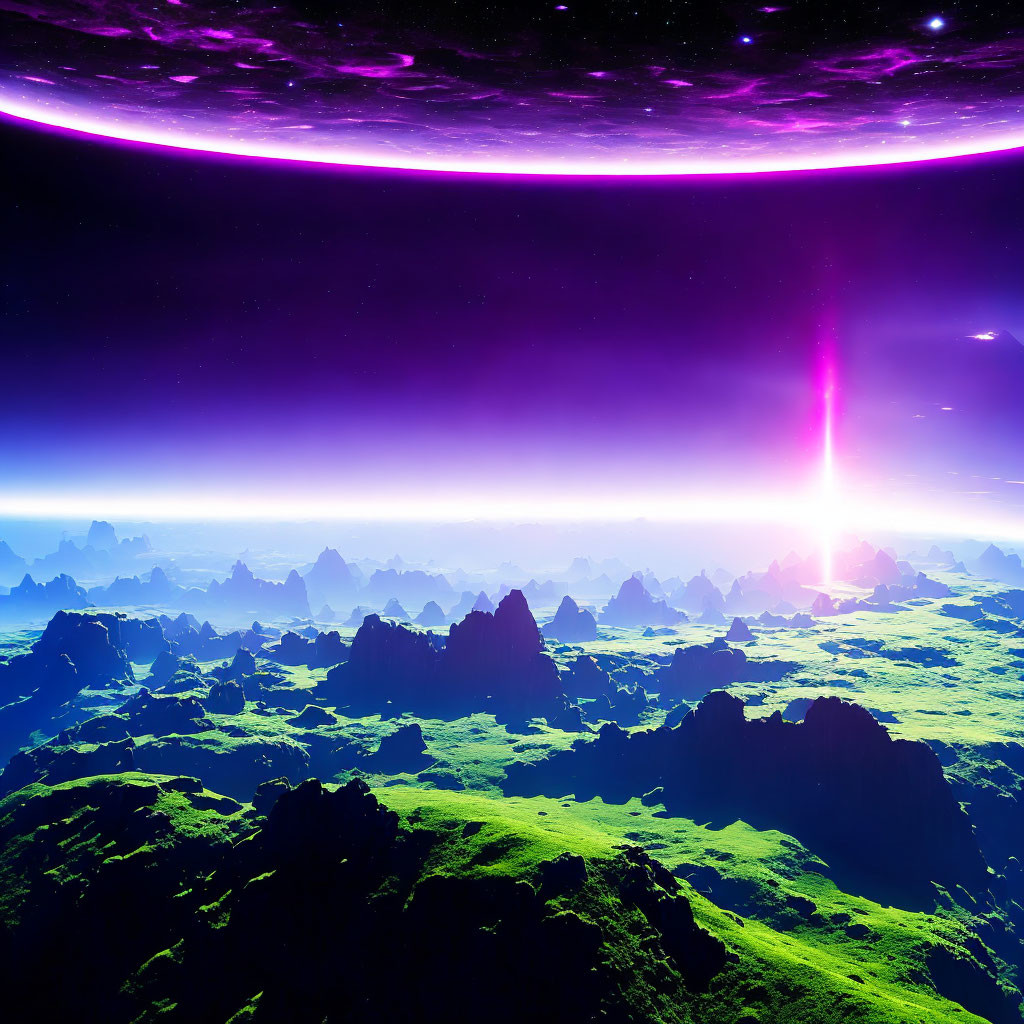 Vibrant sci-fi landscape with rocky terrain, green fluorescence, starry sky, purple hues,