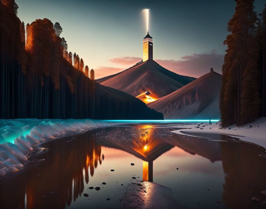 Surreal landscape with glowing tower, dark trees, icy river, orange sky