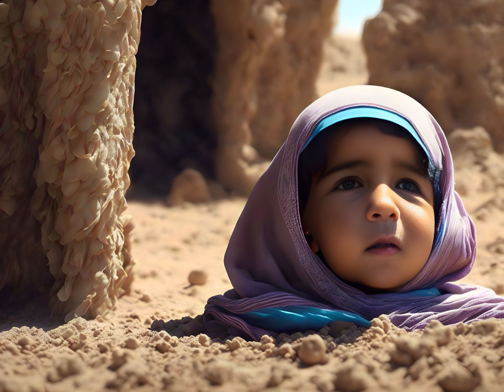 Child in purple headscarf lying on ground with barnacle rocks background