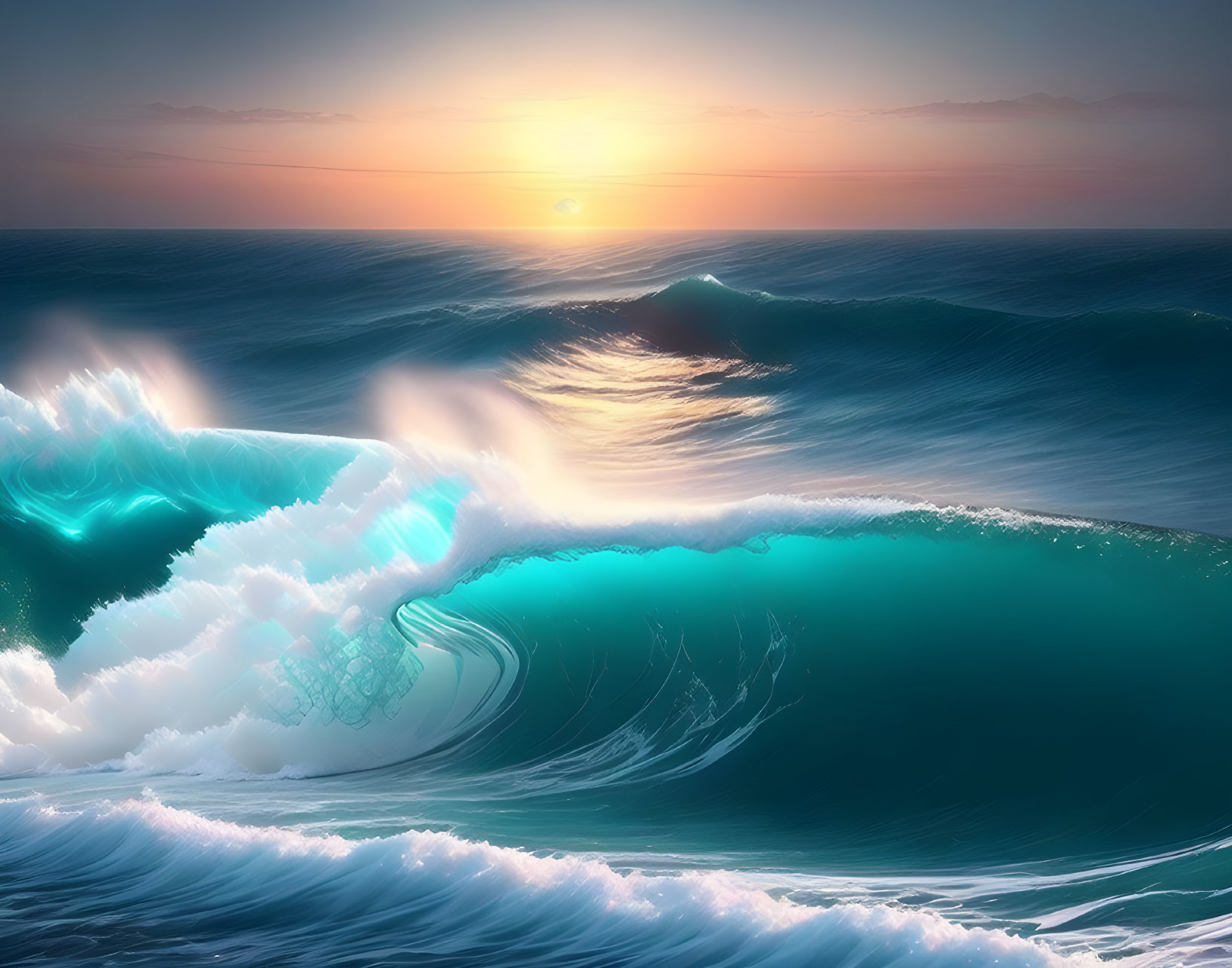 Vibrant ocean wave cresting with bioluminescence at sunset