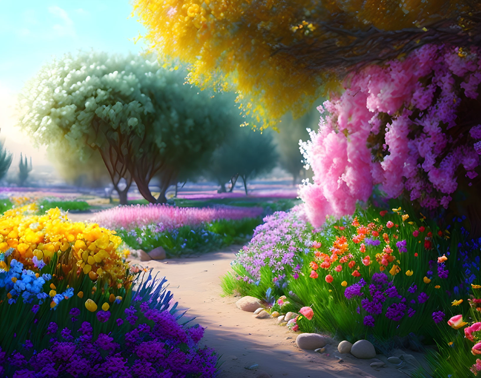 Colorful Flower Garden Path with Lush Trees in Soft Sunlight