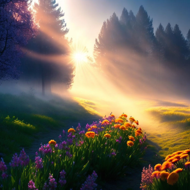 Misty forest with sunlight illuminating vibrant flowers at dawn