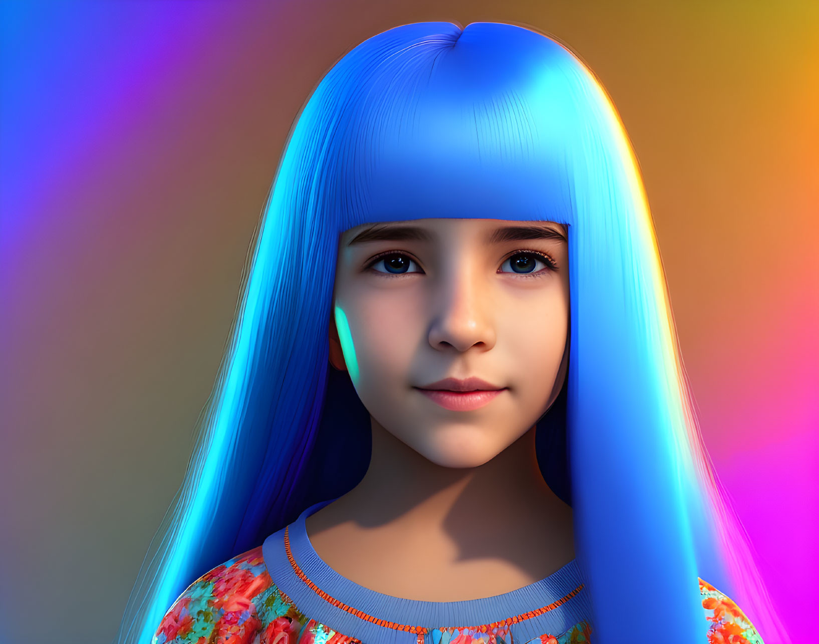 Young girl with blue hair against colorful backdrop, showcasing serene expression