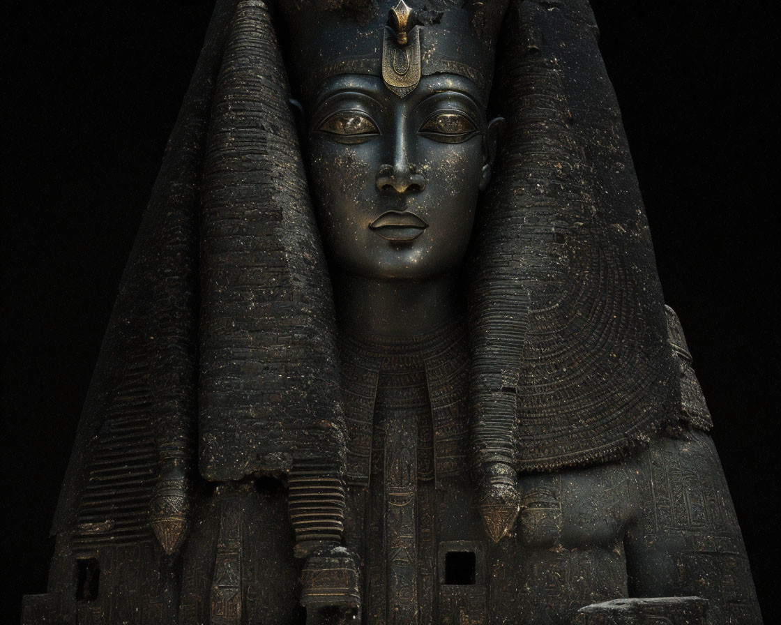 Egyptian Pharaoh Sculpture with Headdress and Carvings