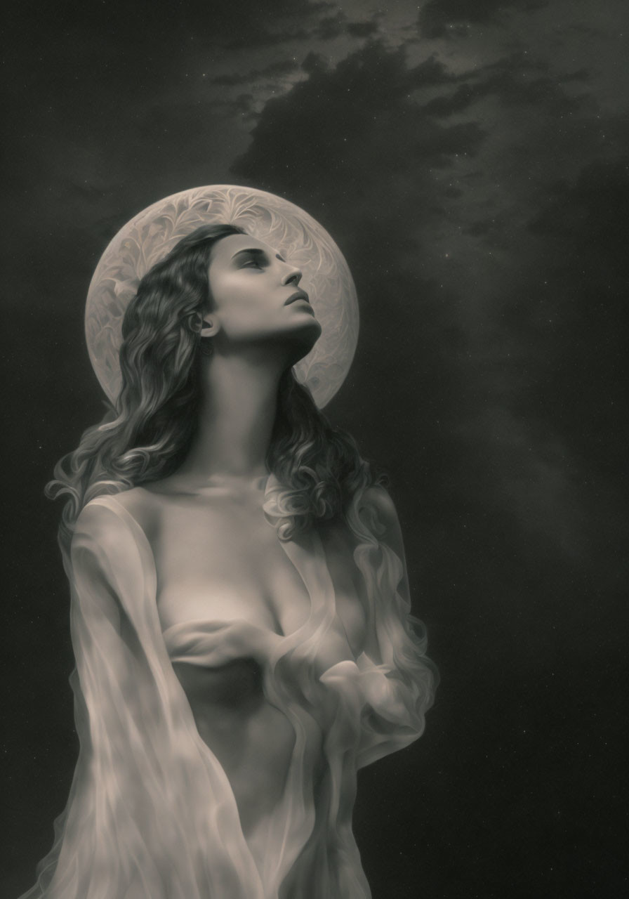 Saintly figure with halo in monochromatic palette against dark background