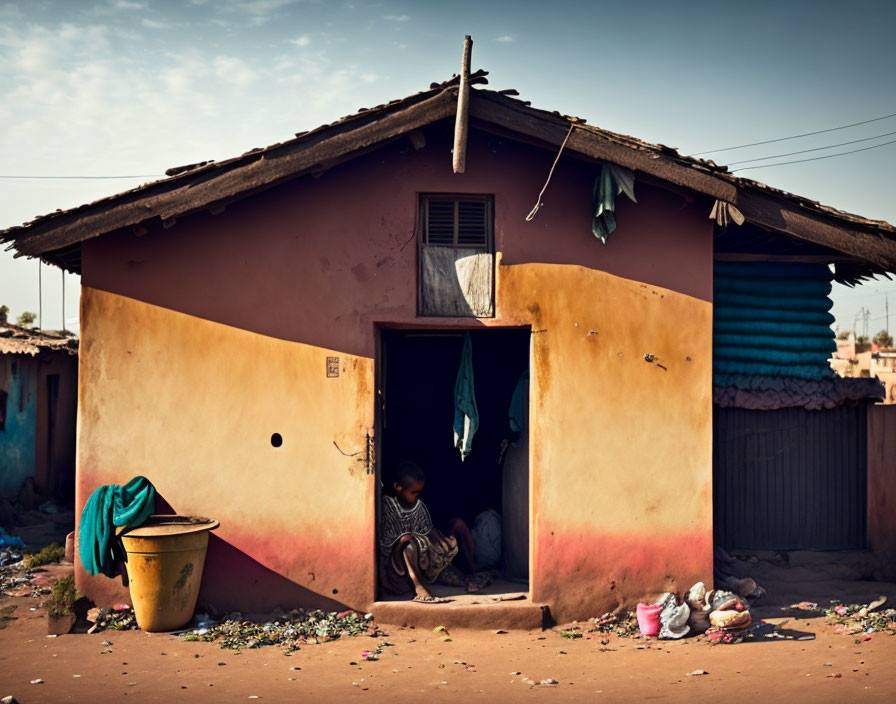 Child sitting in shadowed doorway of small ochre house with clothes hanging and yellow bucket.