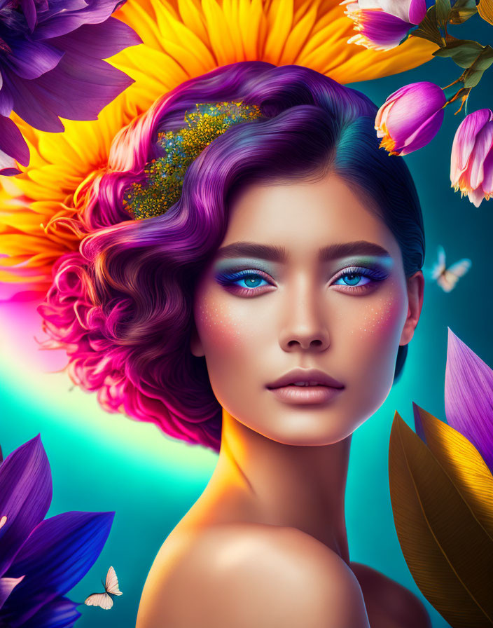 Colorful portrait of a woman with blue eyes, flowers, butterflies, makeup, and curly hair