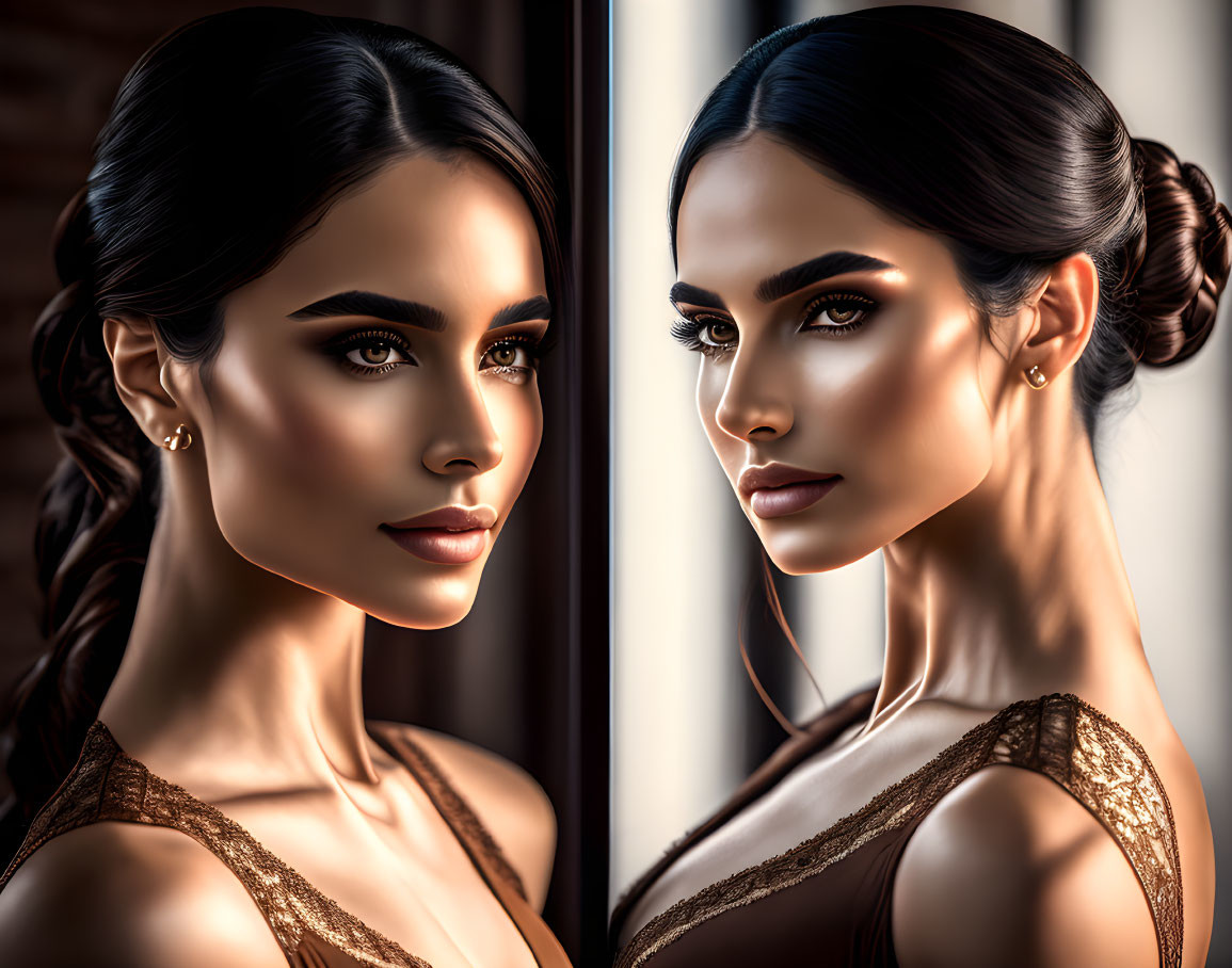 Woman with sleek bun and striking makeup reflected in mirror showcasing strong eyebrows, captivating eyes, and elegant gold