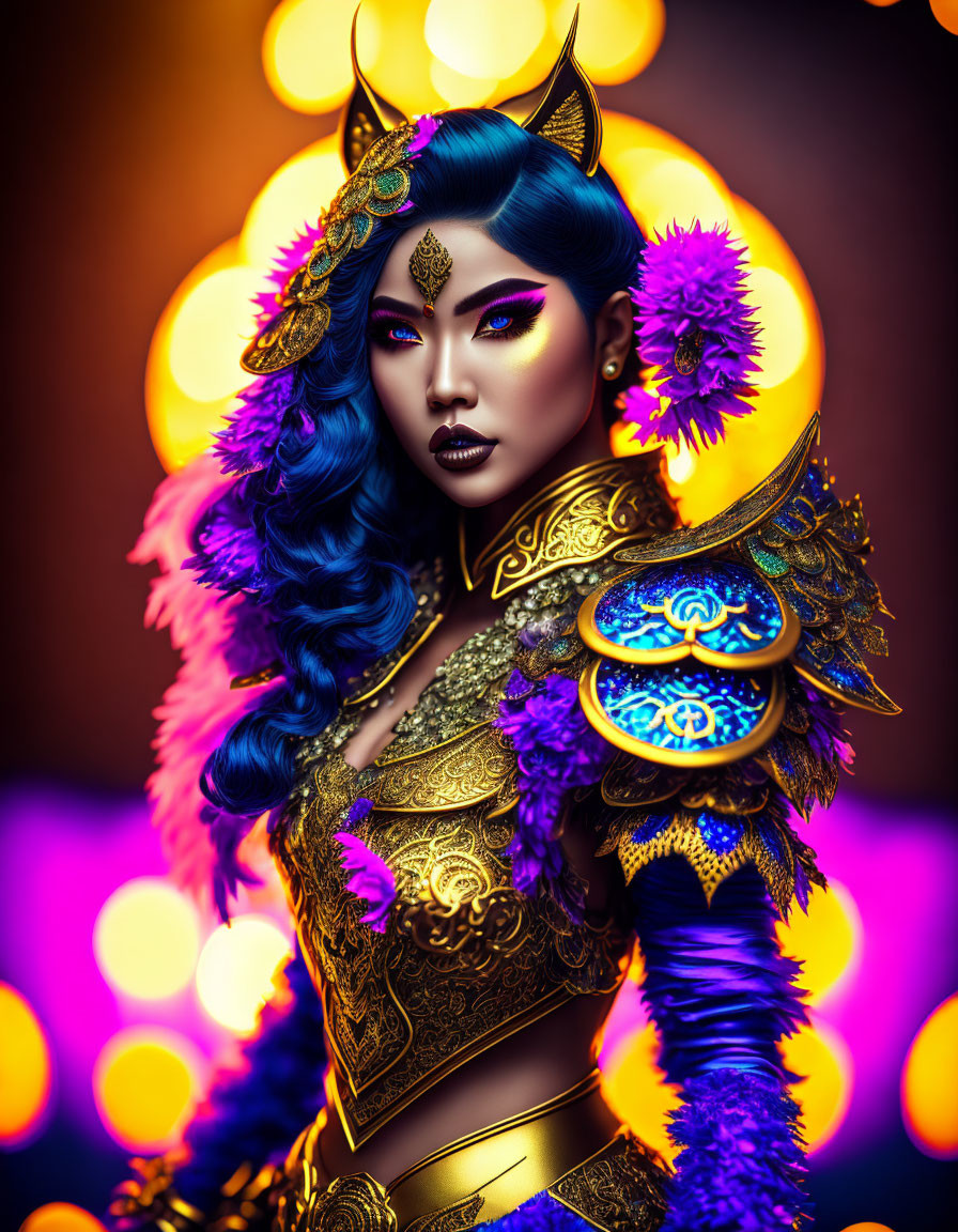 Blue-skinned woman in golden armor on bokeh background