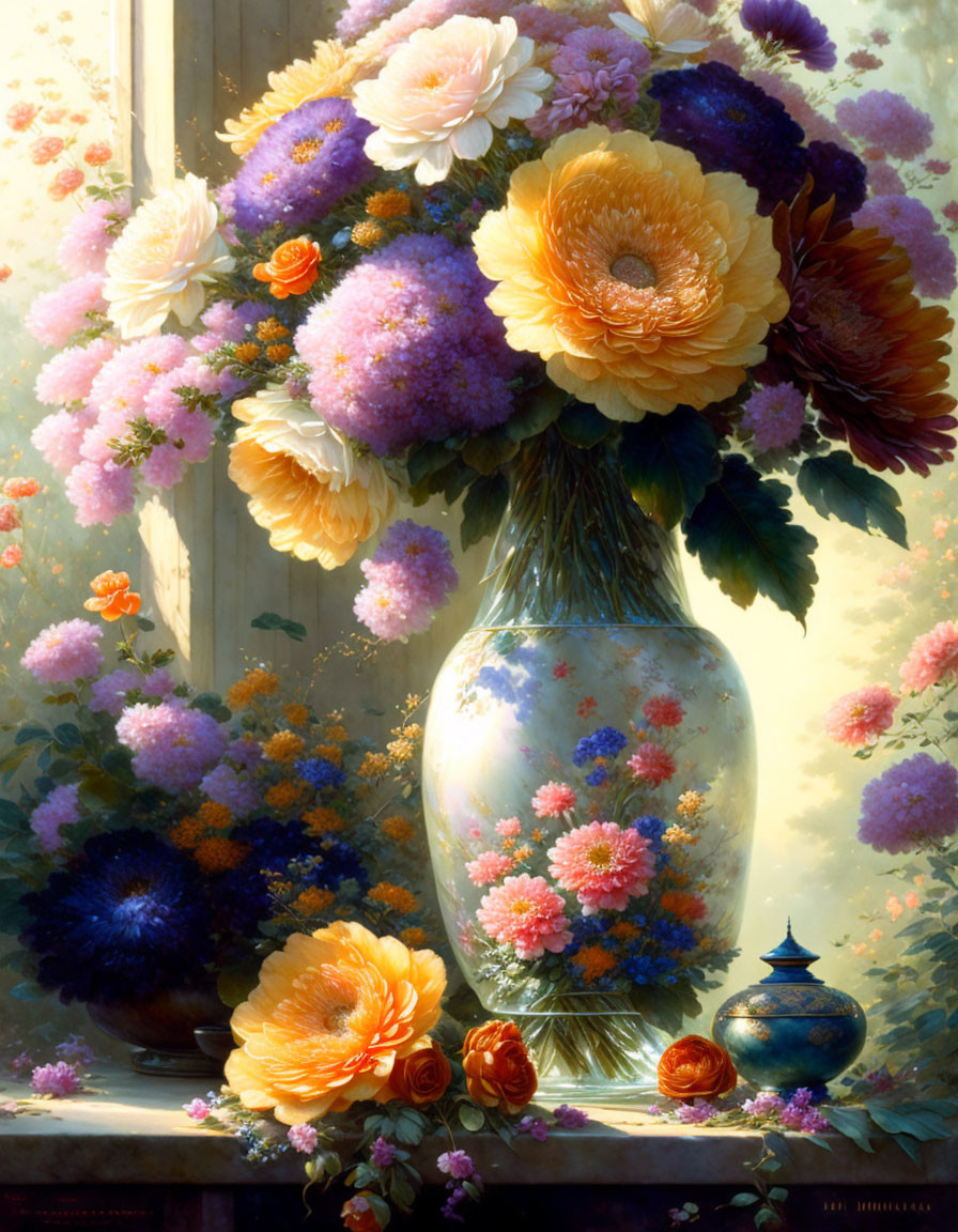 Assorted Flowers Bouquet in Translucent Vase with Orange, Purple, and White Shades